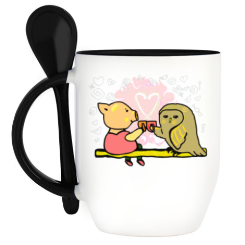 Кружка с ложкой с принтом Чаепитие. Поросенок пьет чай. Символ нового года.