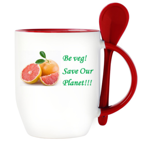 Кружка с ложкой с принтом Грейпфрут. Be veg!