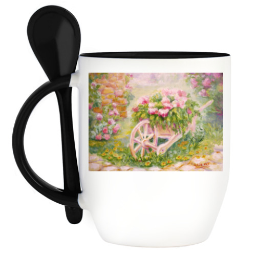 Кружка с ложкой с принтом Тележка с цветами