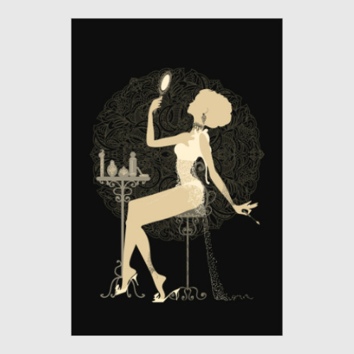 Постер с принтом Элегантная красивая женщина с зеркалом силуэт