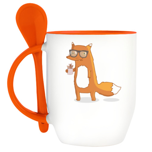 Кружка с ложкой с принтом забавная лиса