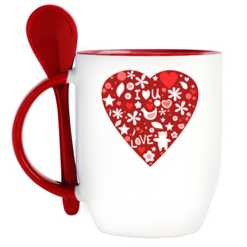 Кружка с ложкой с принтом валентинка