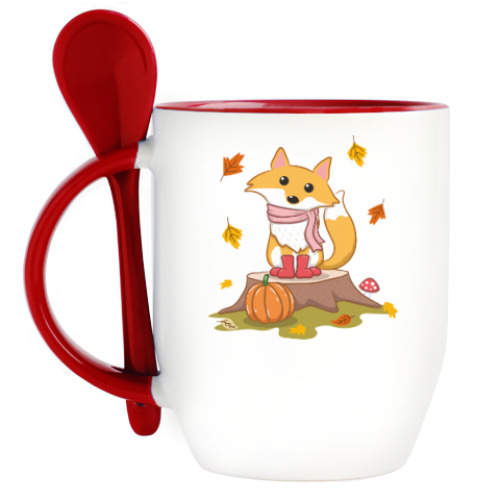 Кружка с ложкой с принтом Autumn fox