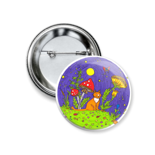 Значок 37мм с принтом Сказочная ночь. Кот.