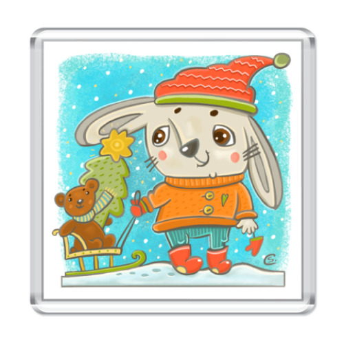 Магнит с принтом Зайчик и новый год