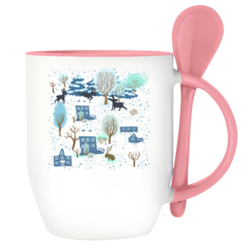 Кружка с ложкой с принтом 'Волк зимой...'