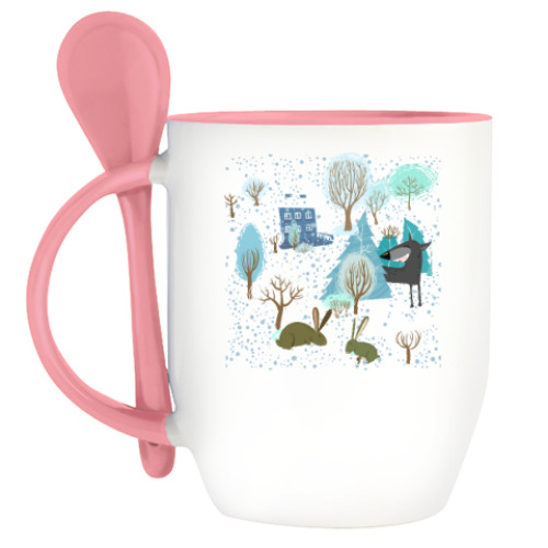 Кружка с ложкой с принтом 'Волк зимой...'