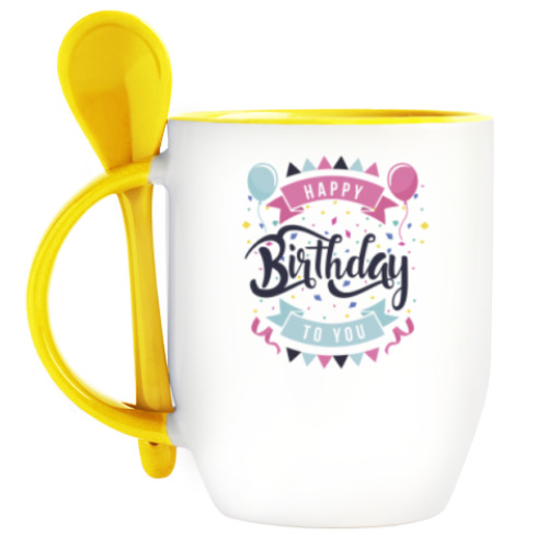 Кружка с ложкой с принтом С Днем рождения