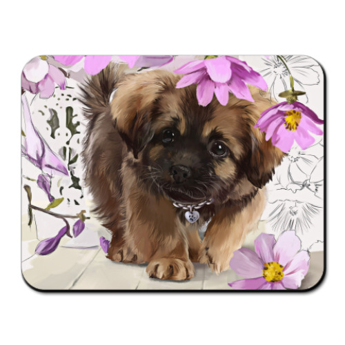Коврик для мыши с принтом Щенок с цветами