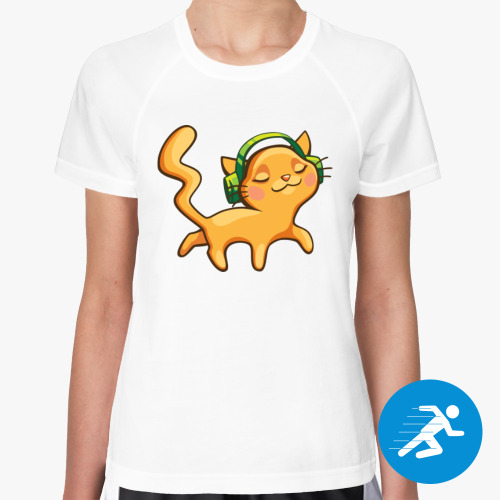 Женская спортивная футболка с принтом Рыжий кот меломан в наушниках