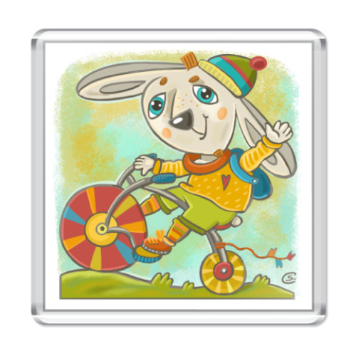 Магнит с принтом Зайчик на велосипеде