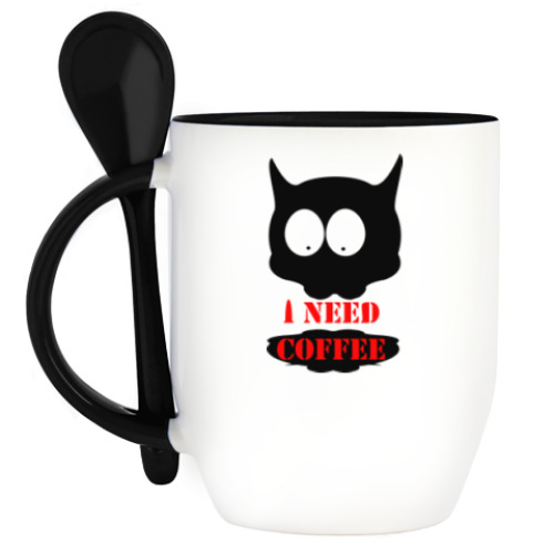Кружка с ложкой с принтом Cat  'i need coffee'