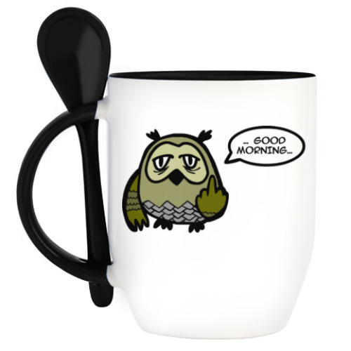 Кружка с ложкой с принтом Сова