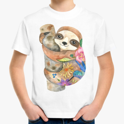 Детская футболка с принтом Маленький ленивец, милый малыш, акварельный принт