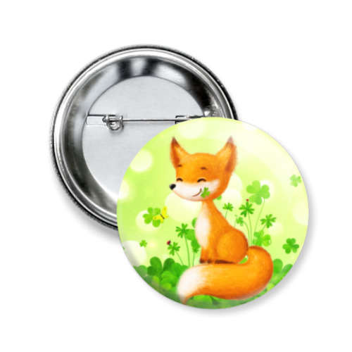 Значок 50мм с принтом Лисенок в клевере