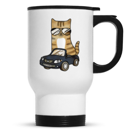 Кружка-термос с принтом Крутой кот за рулём автомобиля