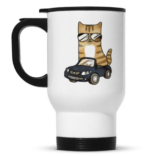 Кружка-термос с принтом Крутой кот за рулём автомобиля