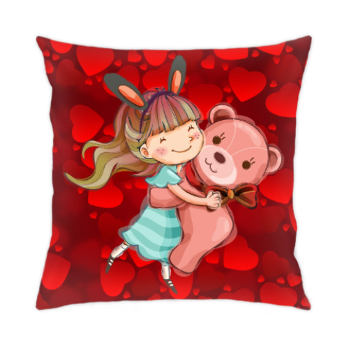 Подушка с принтом Девочка и медвежонок
