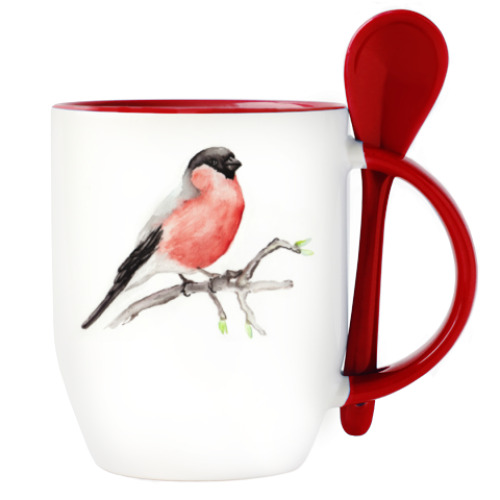 Кружка с ложкой с принтом Снегирь