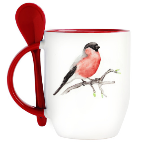 Кружка с ложкой с принтом Снегирь