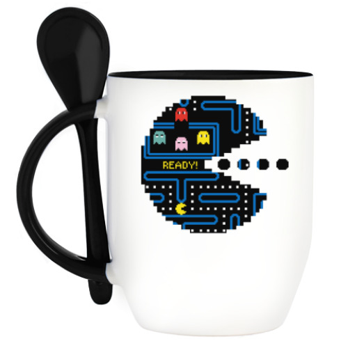 Кружка с ложкой с принтом Pac-Man. PacMan. ПакМан. ПакМен. Pixels. Ready!