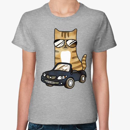 Женская футболка с принтом Крутой кот за рулём автомобиля