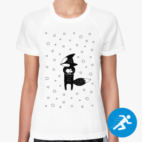 Женская спортивная футболка с принтом Лисенок и снегопад