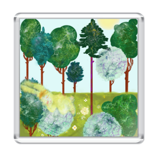 Магнит с принтом Серия 'Лес'. Солнечный заяц, лежебока.