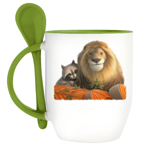 Кружка с ложкой с принтом Лев и Енот
