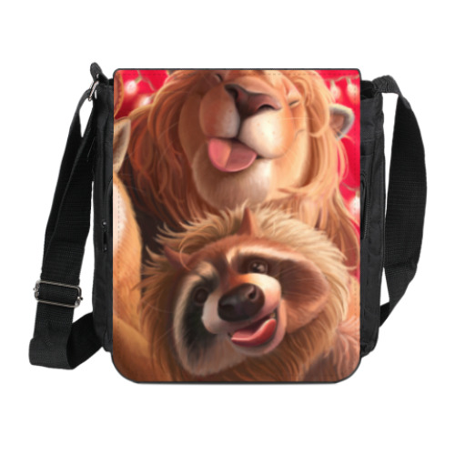 Сумка на плечо (мини-планшет) с принтом Лев и Енот на вечеринке