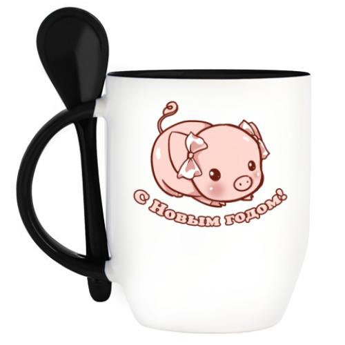 Кружка с ложкой с принтом Год поросенка