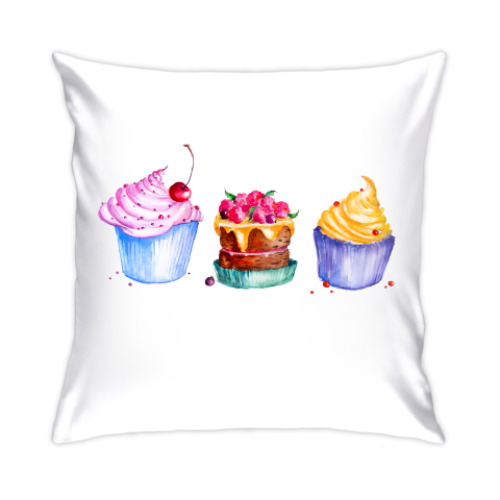 Подушка с принтом Пирожное, акварель.