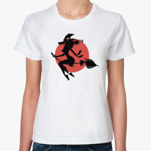 Классическая футболка с принтом Ведьма на метле, полнолуние