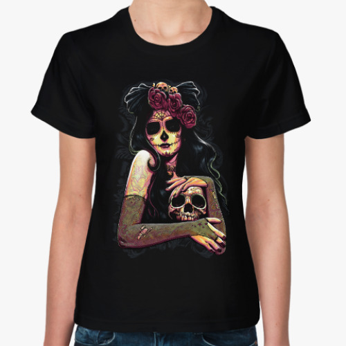 Женская футболка с принтом Девушка с Черепом