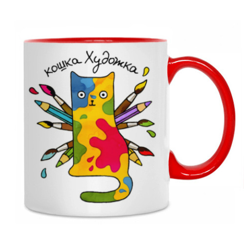 Кружка с принтом Кошка художник рисует на всём
