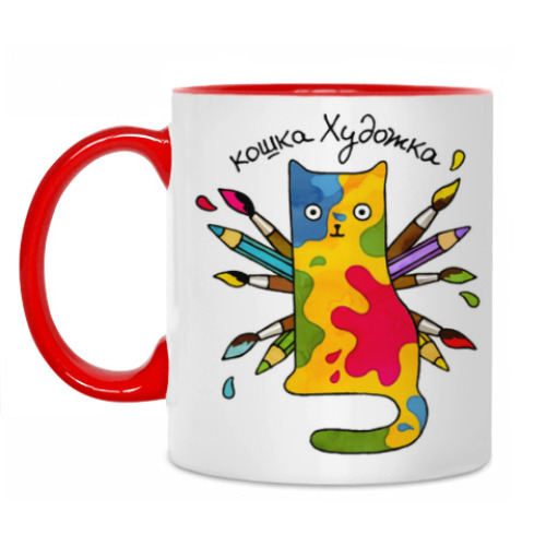 Кружка с принтом Кошка художник рисует на всём