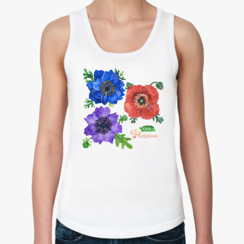 Женская майка с принтом I love flowers,  3 акварельных цветка