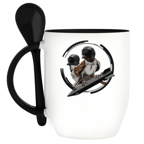 Кружка с ложкой с принтом Птицы воробьи-истребители