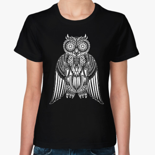 Женская футболка с принтом Сложный абстрактный рисунок с совой
