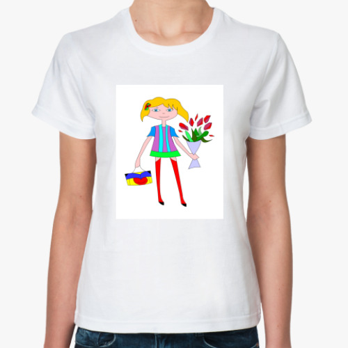 Классическая футболка с принтом   Девочка с букетом