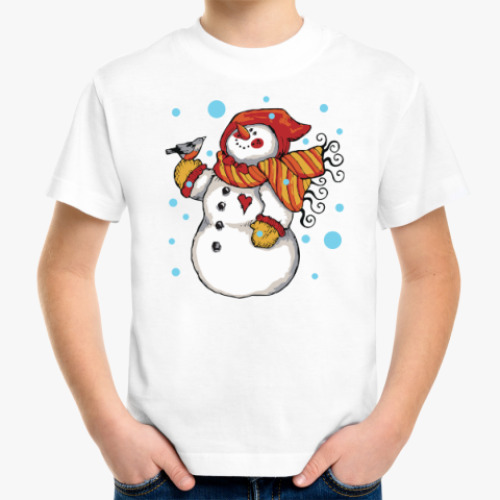 Детская футболка с принтом Снеговик и снегирь
