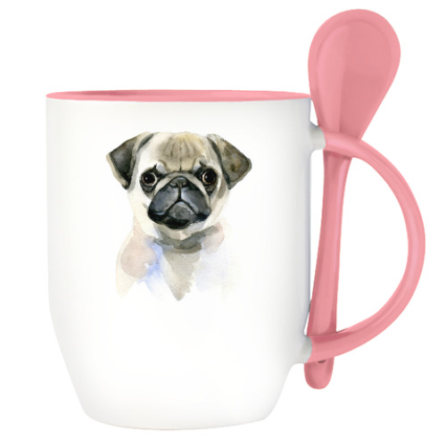 Кружка с ложкой с принтом Мопс