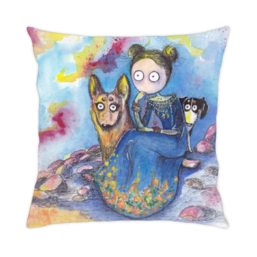 Подушка с принтом Девочка и собаки