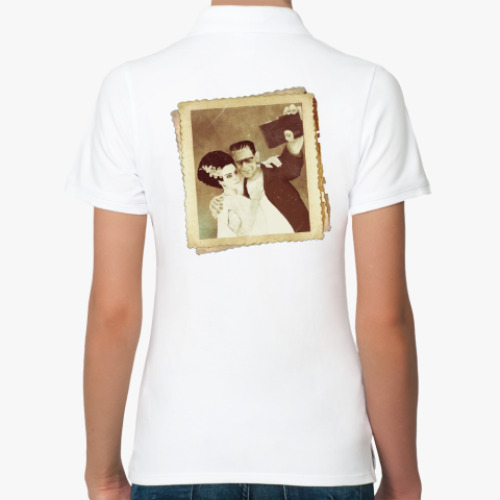 Женская рубашка поло (печать) с принтом Монстр Франкенштейна и невеста