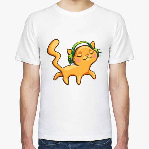 Футболка с принтом Рыжий кот меломан в наушниках