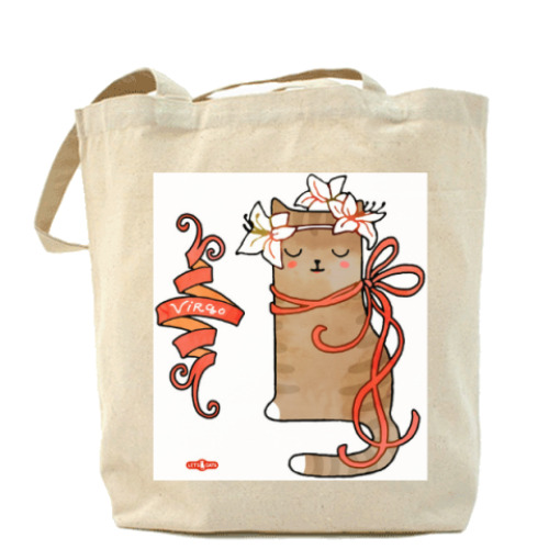 Сумка шоппер с принтом Кошка в венке из лилий. Знак Зодиака Дева (Virgo)