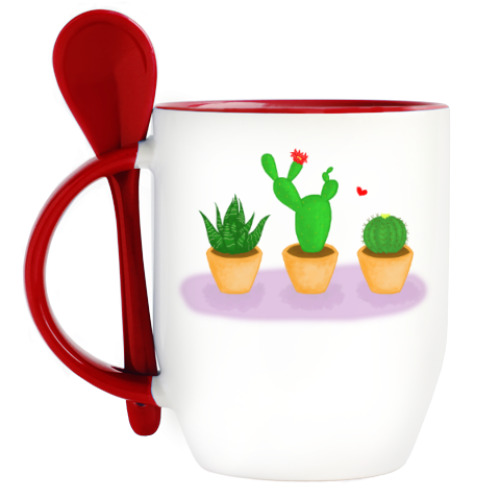Кружка с ложкой с принтом Кактусы