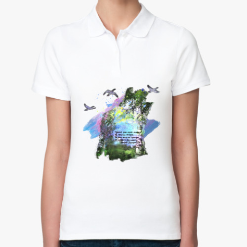 Женская рубашка поло (печать) с принтом Птицы. Небо. Полет. Свобода. Простор. Березы.