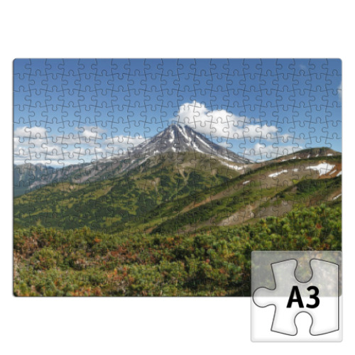 Пазл с принтом Пейзаж полуострова Камчатка: лето, вулкан и горы