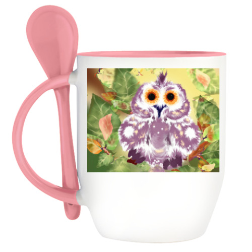 Кружка с ложкой с принтом Сова на ветке